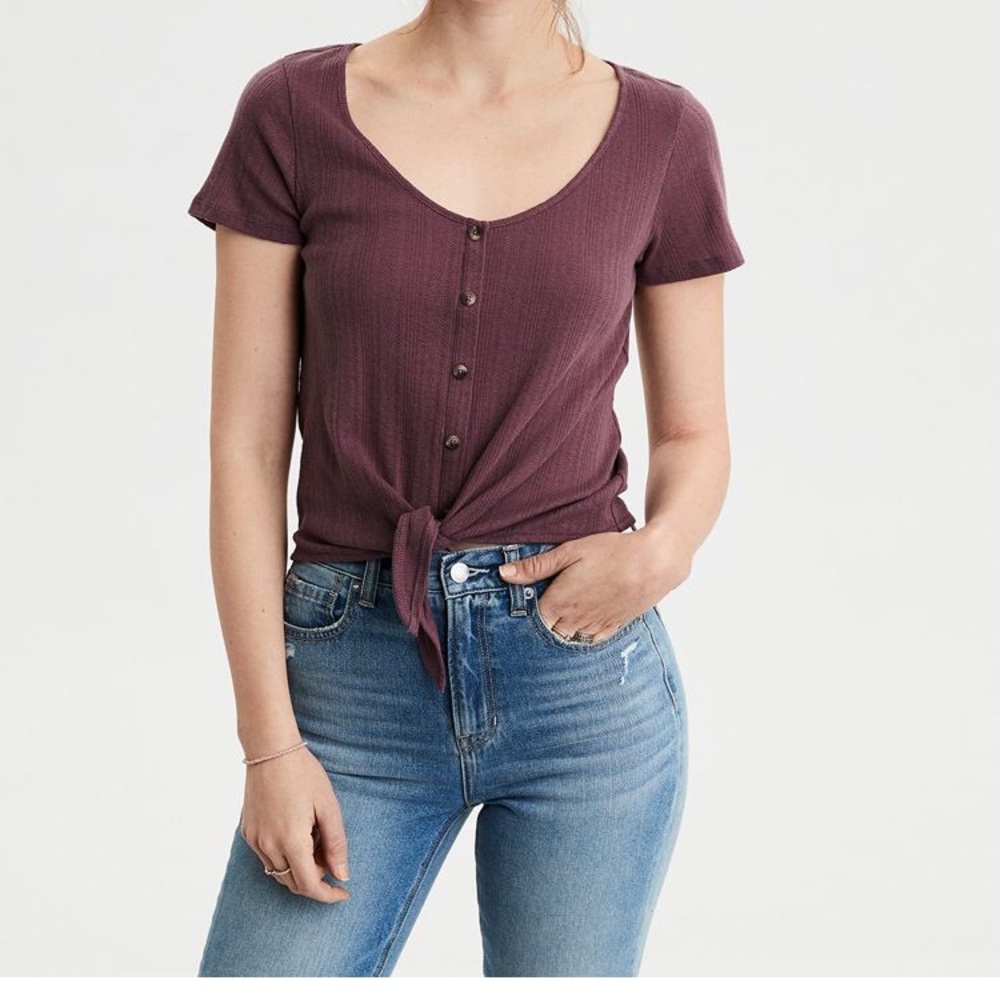 AEO pointelle button down tie front tee